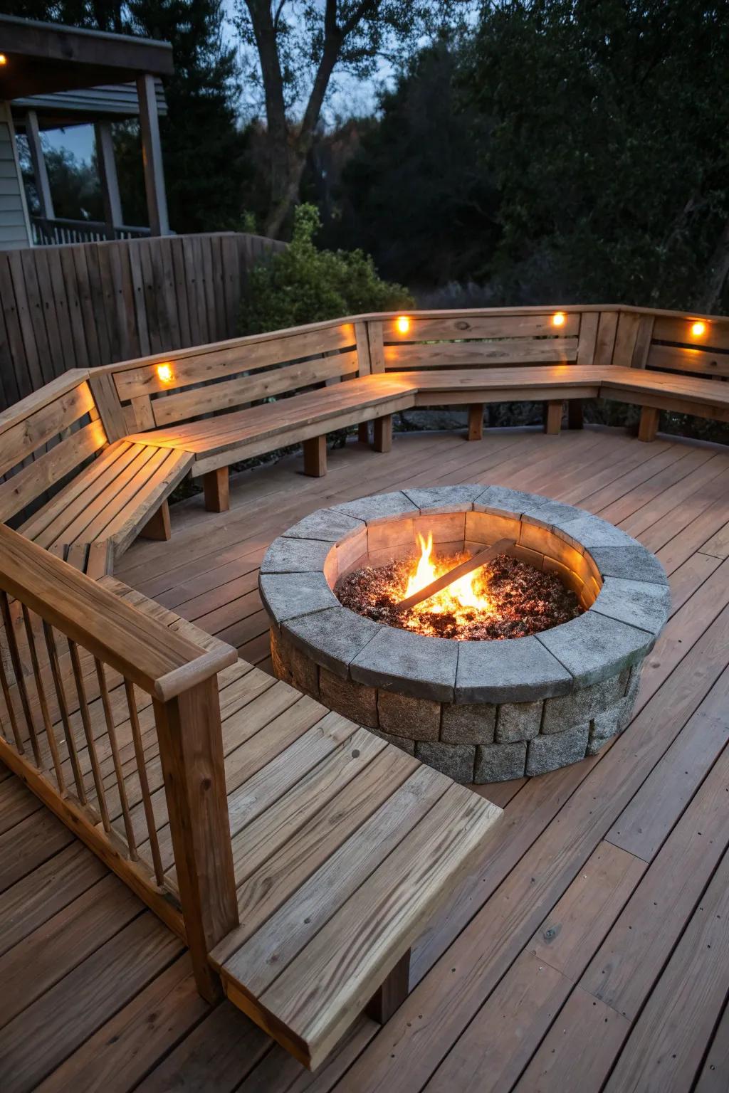 Built-in benches around a fire pit offer a comfortable and effective seating arrangement.