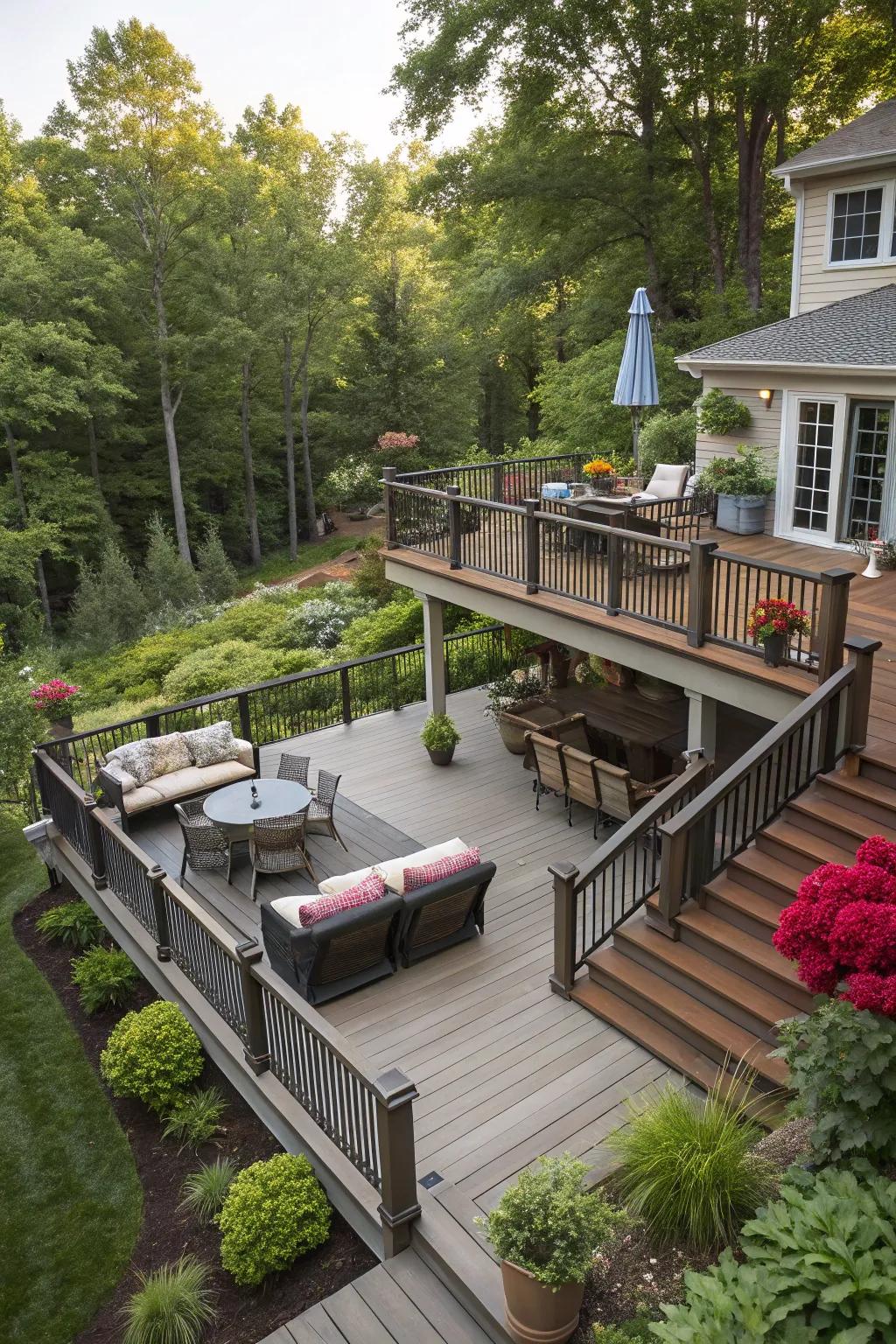 A multi-tiered design fashions diverse spaces for unwinding and entertainment.