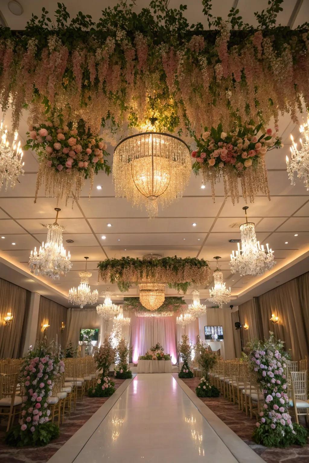 Stunning ceiling decor adding an amazing vibe to a wedding venue.