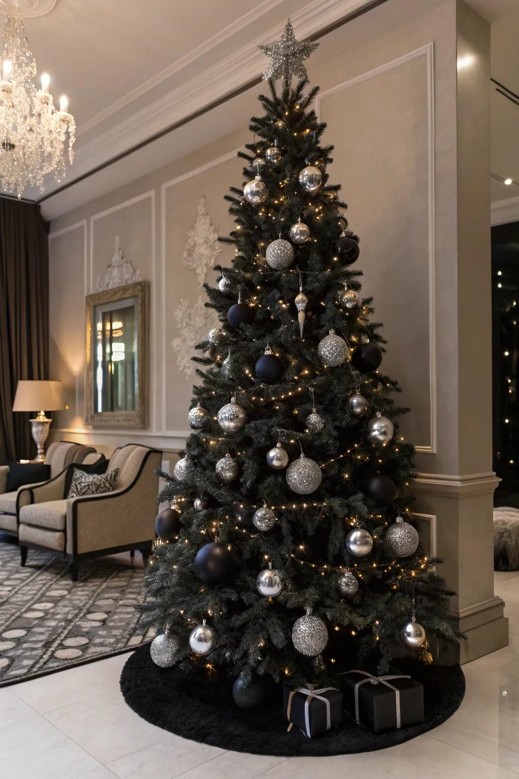 A monochrome-themed dark Christmas fir.