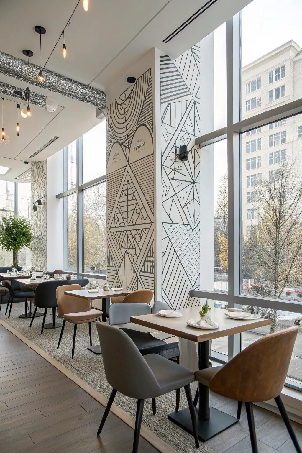 Picture a modern dining space enlivened with geometric drawings, bringing a balanced and striking design.