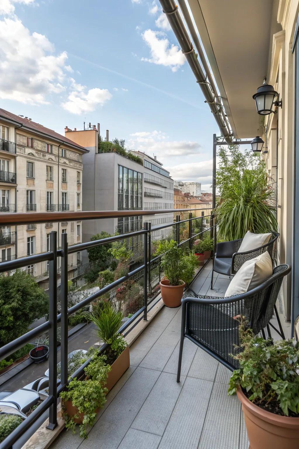 Balcony metal pipes introducing urban industrial chic.