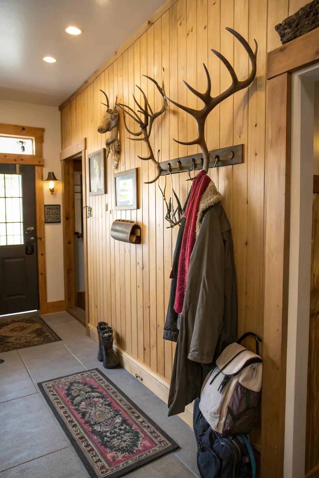 An earthy garment holder crafted from deer antlers provides a stylish entryway solution.