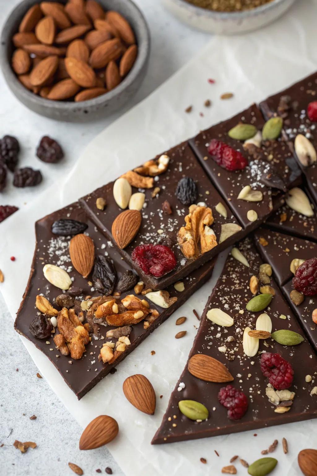 Chocolate plank showcasing nuts, seeds, and dehydrated fruits arranged in an arid-inspired design.