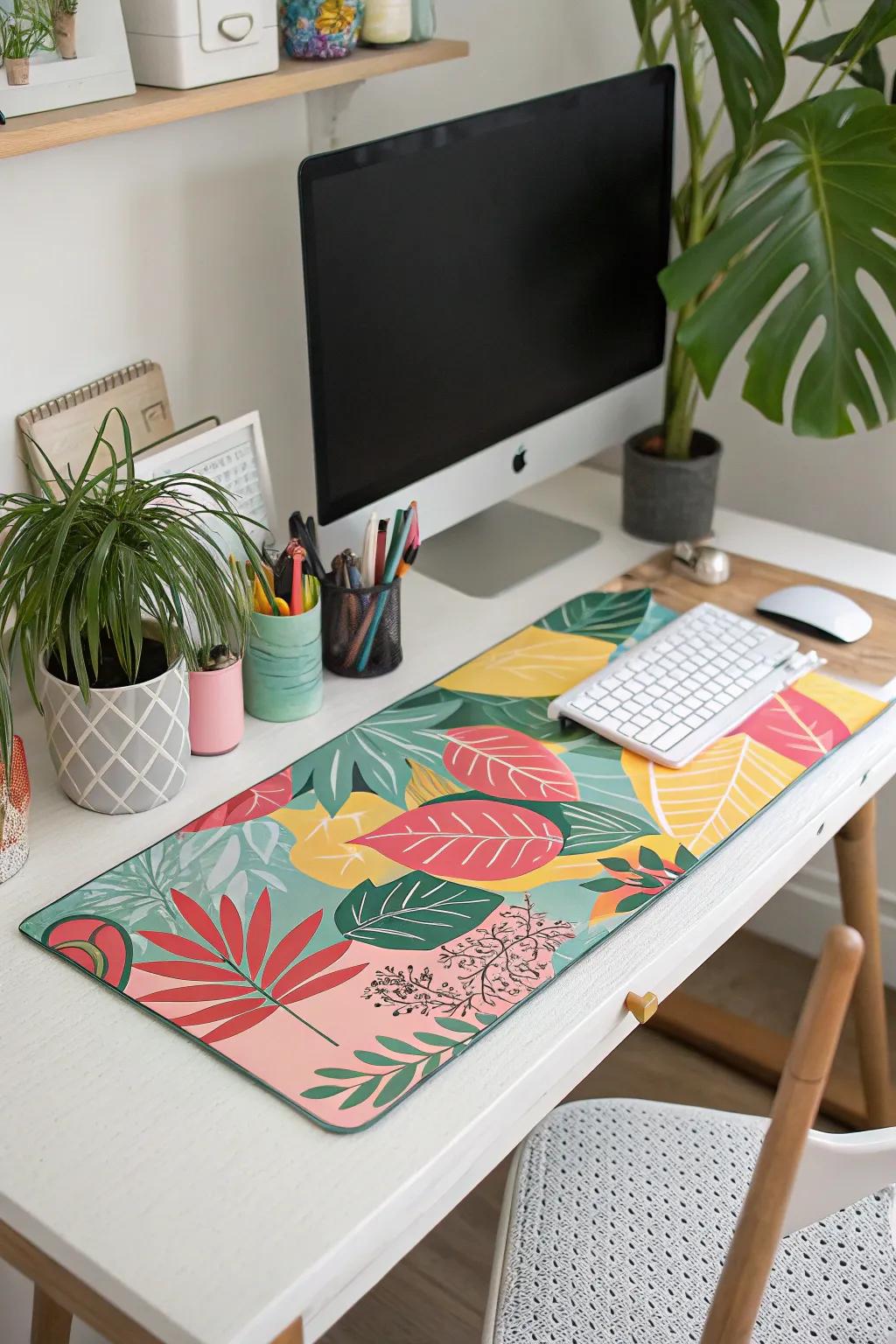 A desk pad unifies the desk decor with a splash of color.