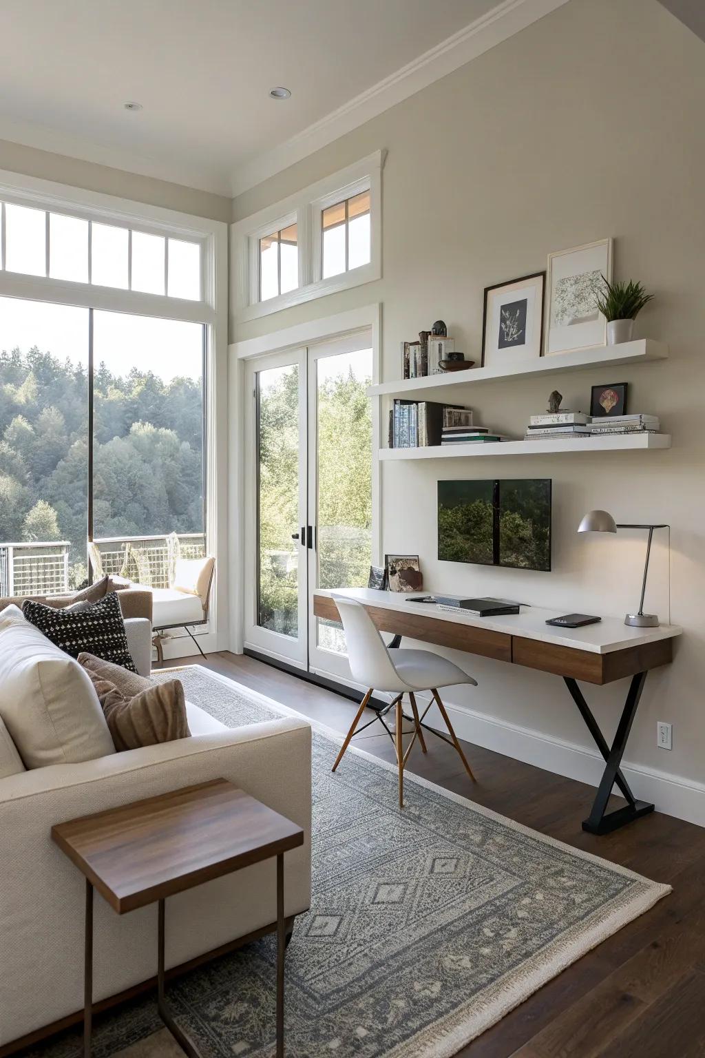 Wall-mounted desks make modern and space-saving workspaces.