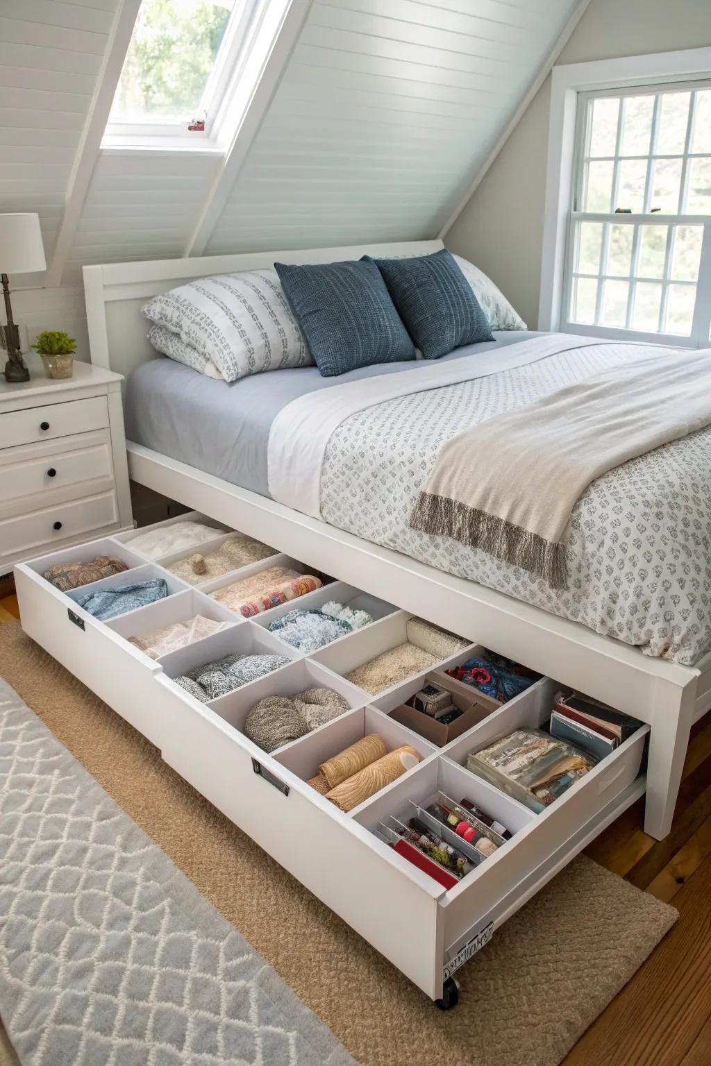 Under-bed storage keeps the area organized.