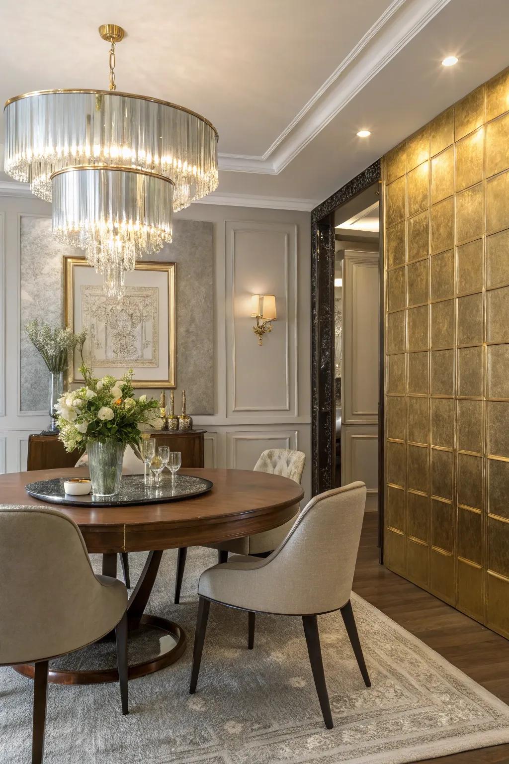 Metallics add a note of opulence and shine to dining spaces.