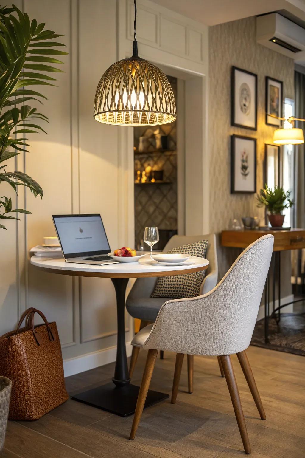 A compact workstation fits seamlessly into the dining room corner.