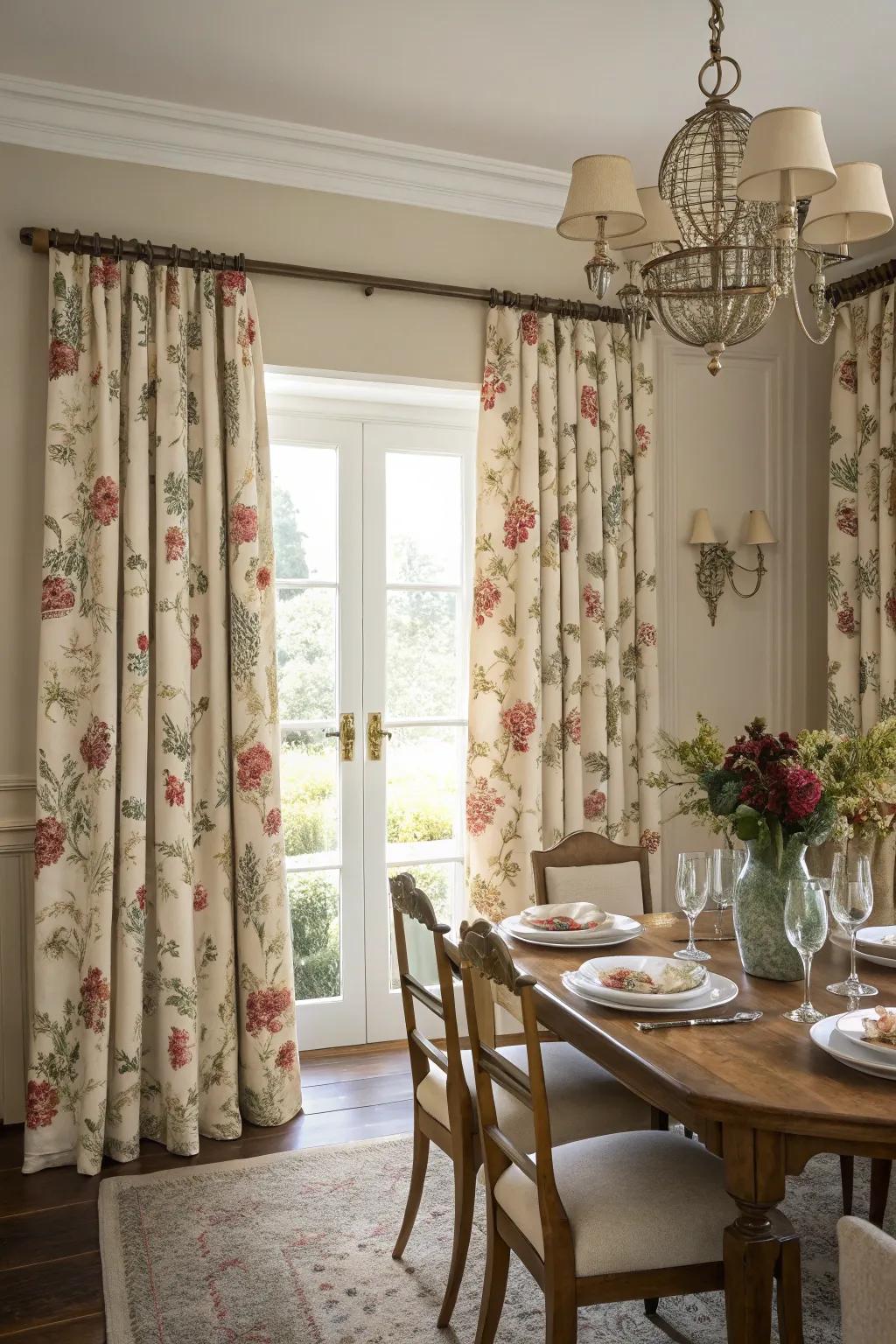 Printed window dressings adding character to the dining space.