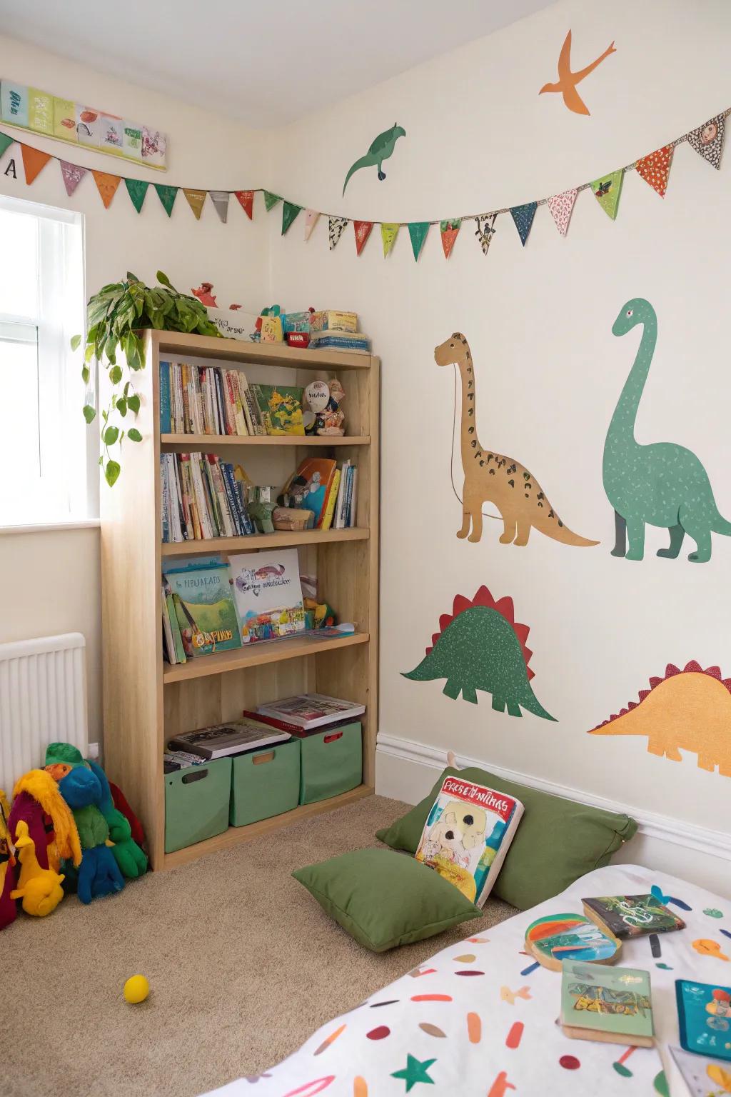 A dinosaur-themed bookshelf encouraging reading and learning.