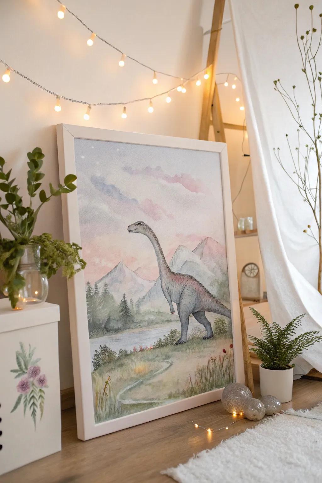 Gentle and dreamlike watercolor dinosaur artwork