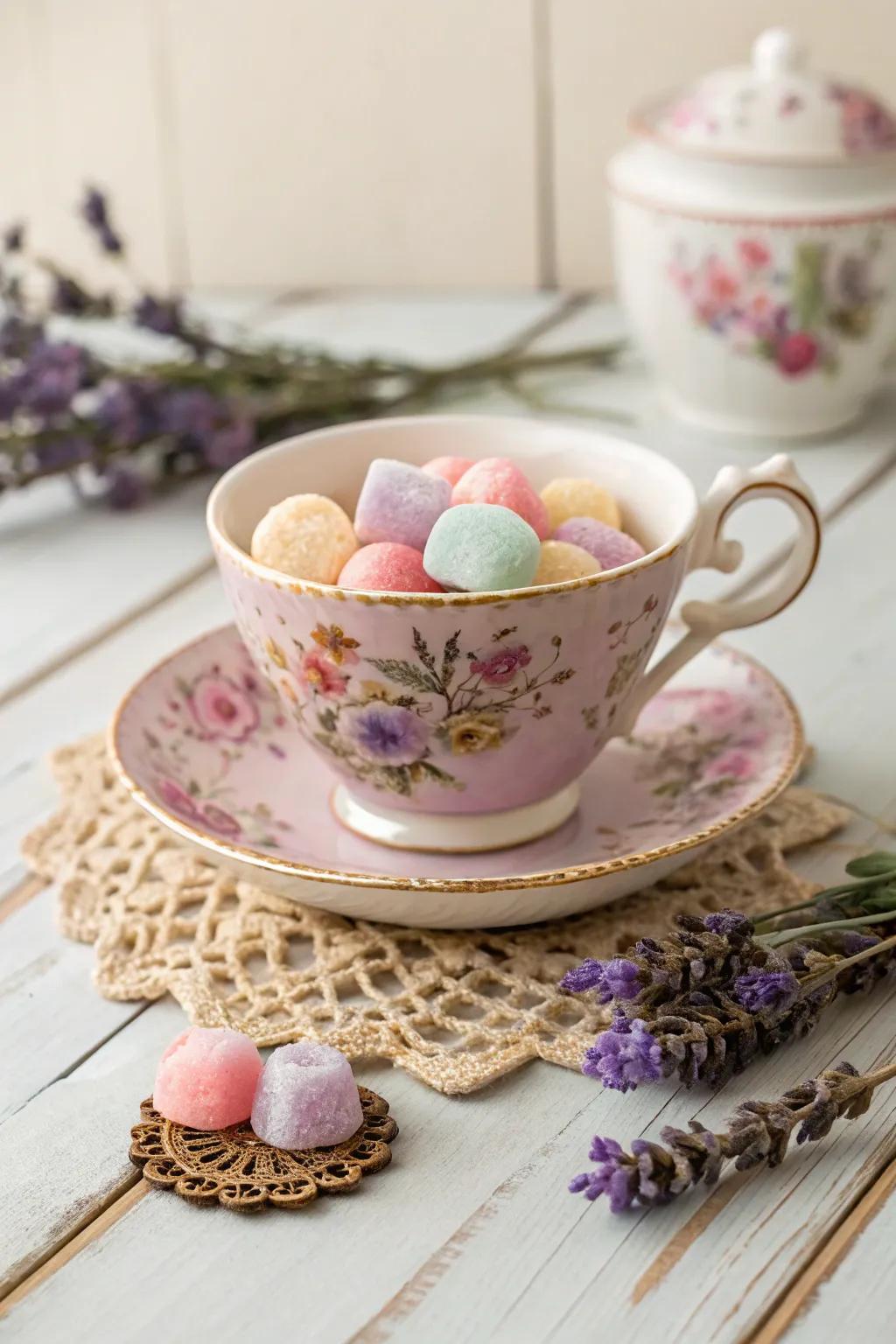 Improve your gatherings with timeless charm: teacups as treat containers bring a touch of elegance to any occasion.