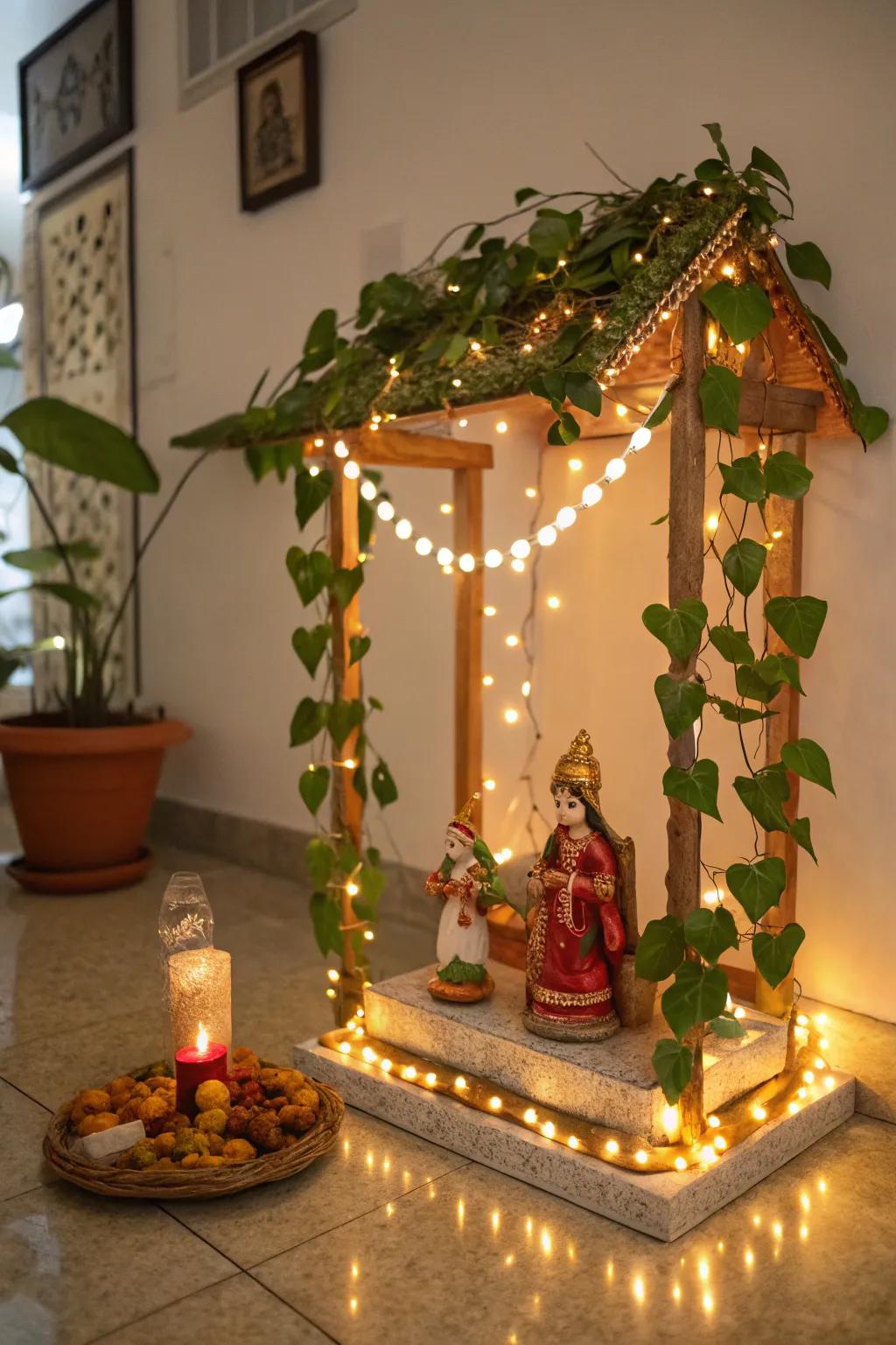 Plant festoon illuminations add an ethereal radiance to the Golu vista.