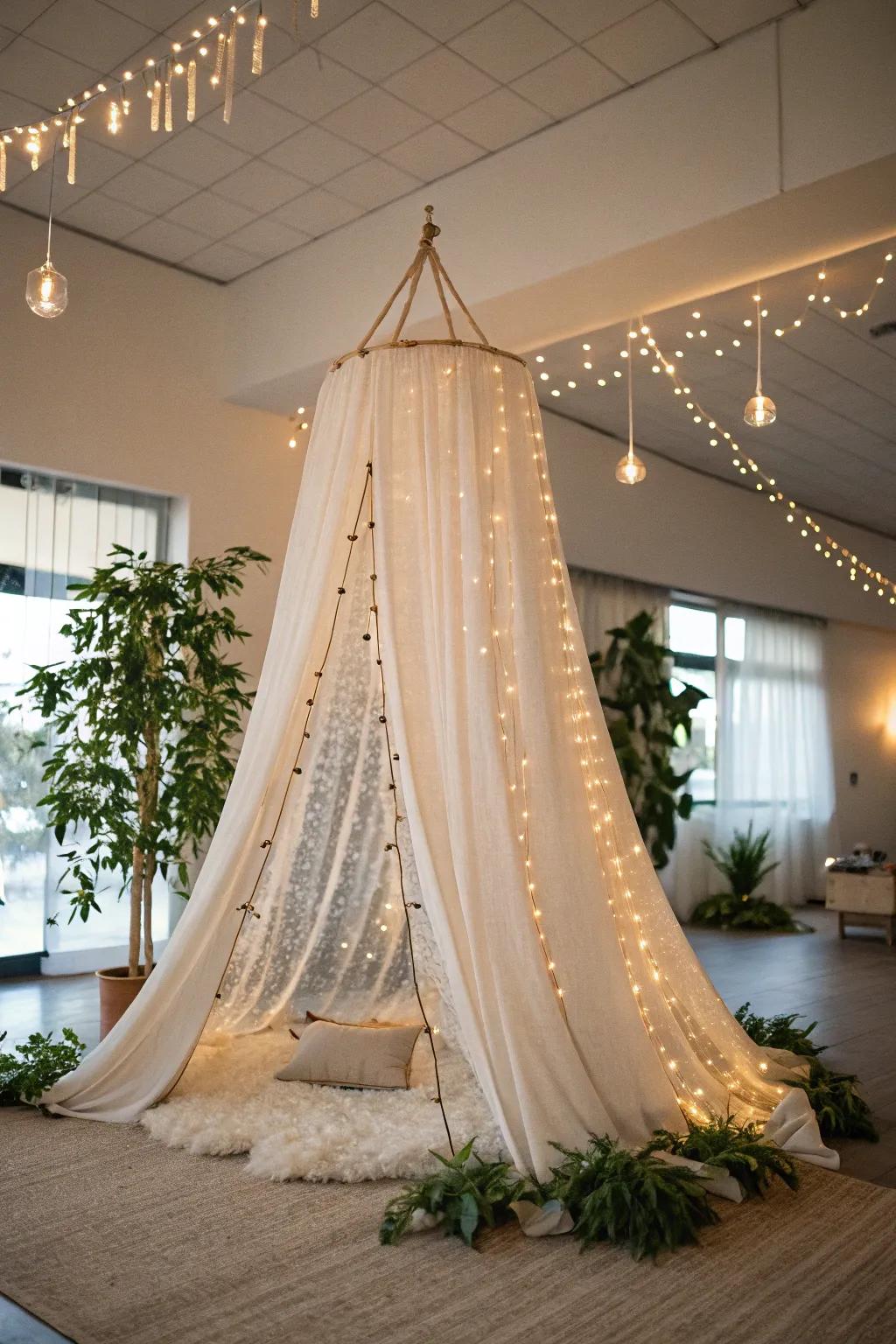 Step into a storybook with this enchanting self-made hanging tent adorned with sprite bulbs.