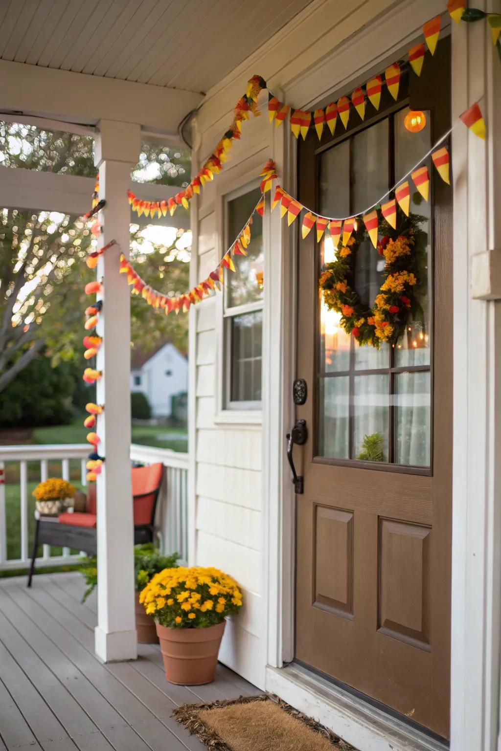 A confection kernel swag introduces a sweet touch to All Hallow's Eve decor.