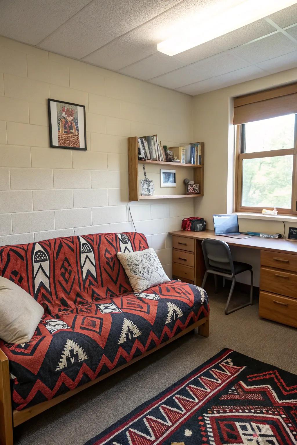 Striking patterns on this sofa providing visual appeal to the dorm room.