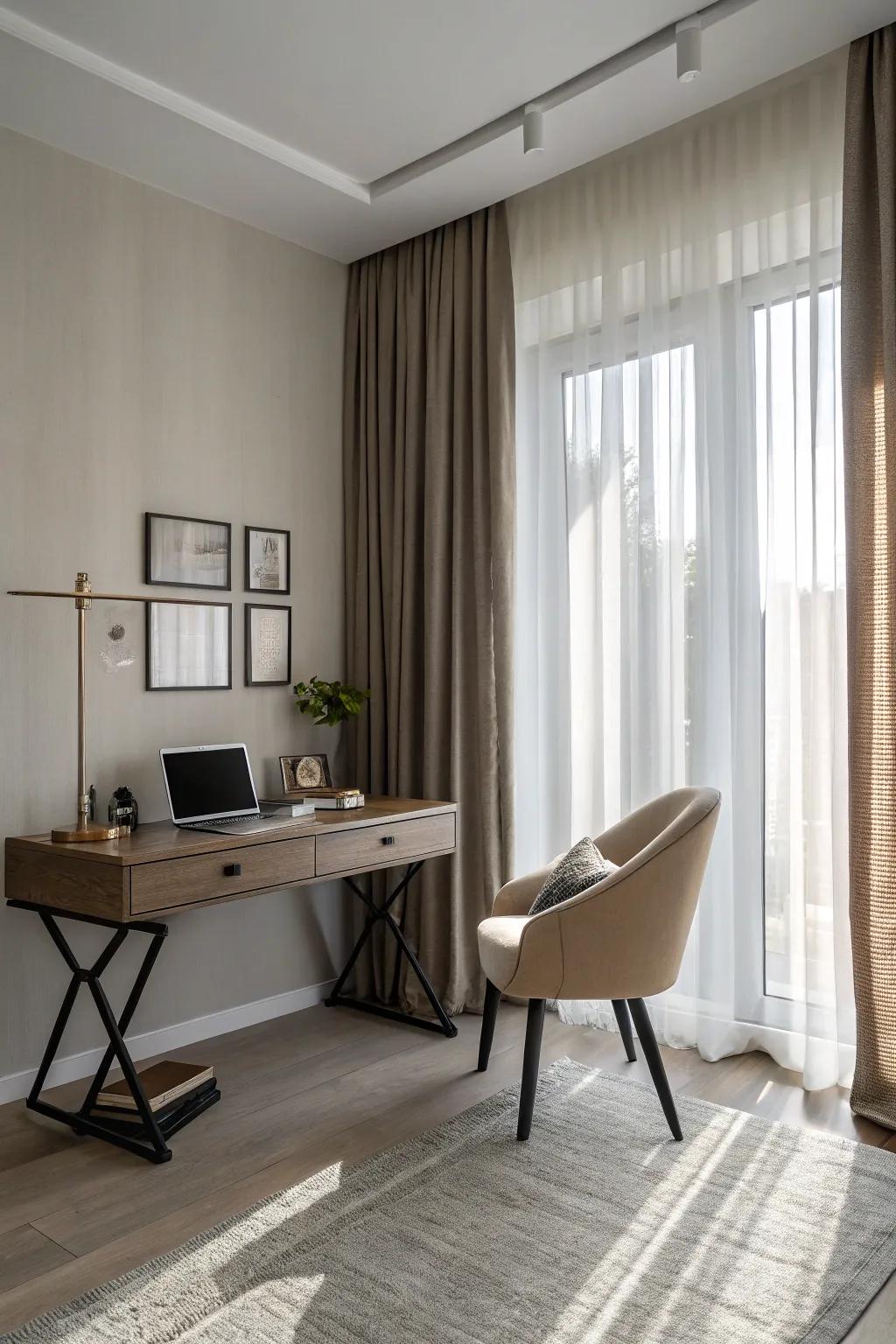 Neutral double curtains create a calm, sophisticated ambiance in this home office.