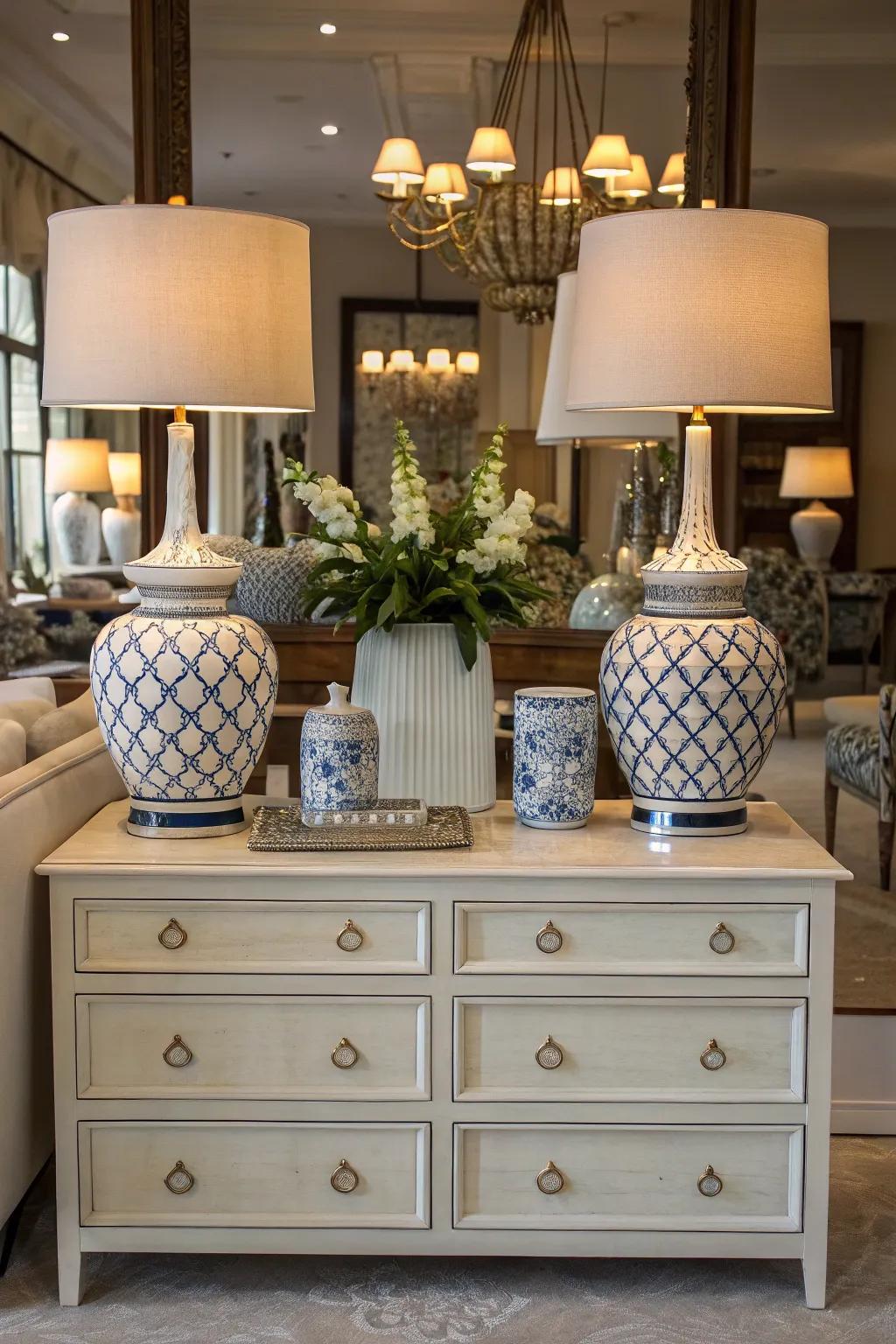 Symmetrical layouts add sophistication to the dresser.