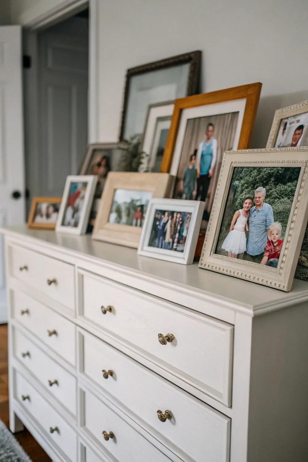 Arranging photos on a dresser creates an intimate gallery.