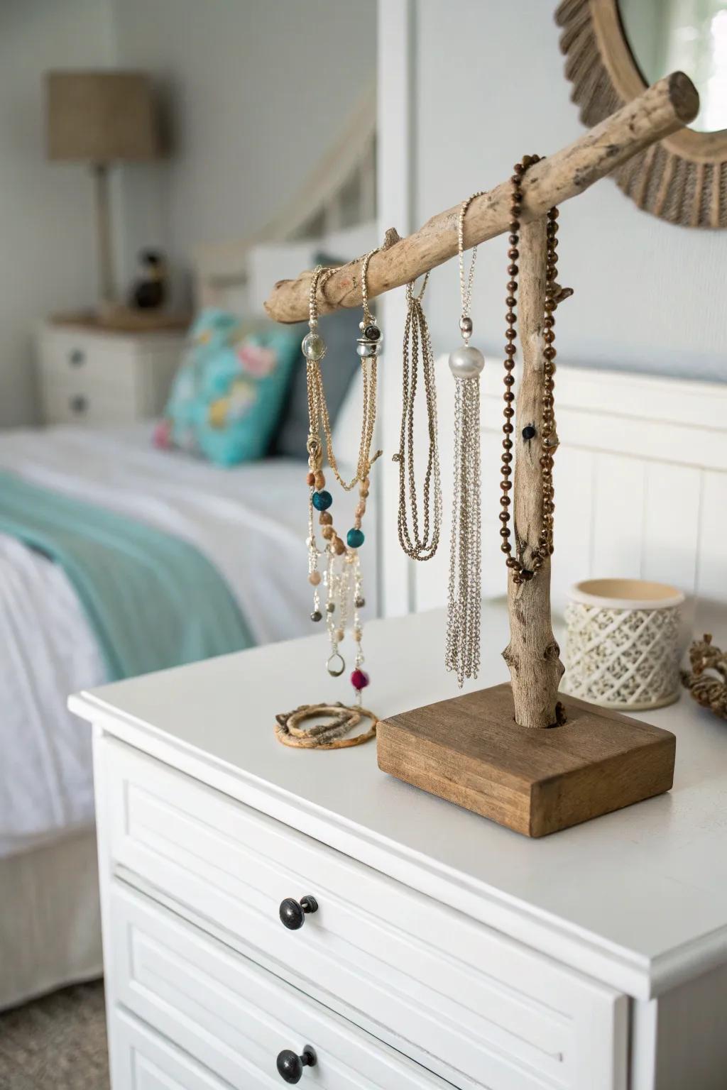 Organize your accessories with a driftwood accessory rack.