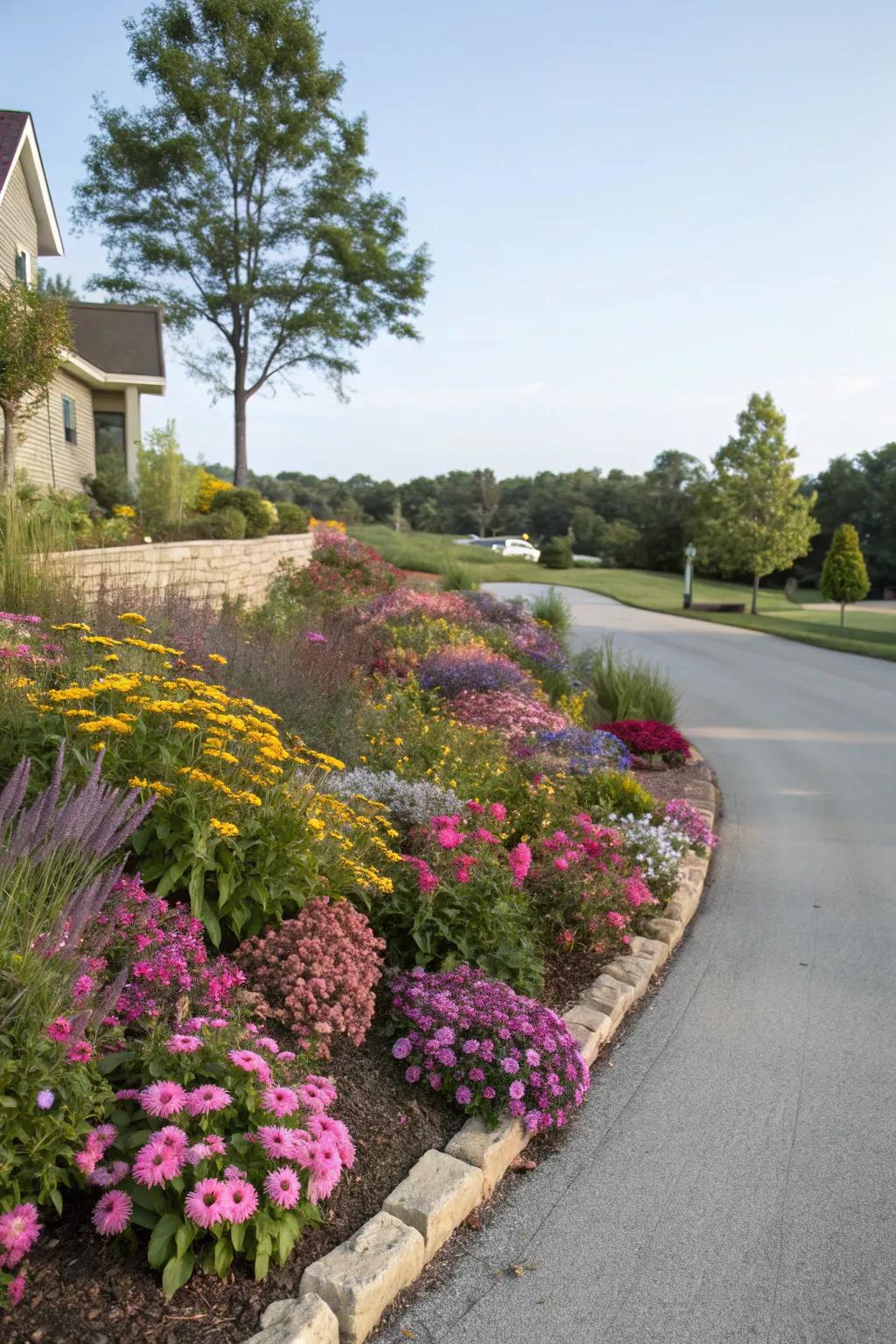 Timeless blooms guarantee year-round blossoms on this berm.