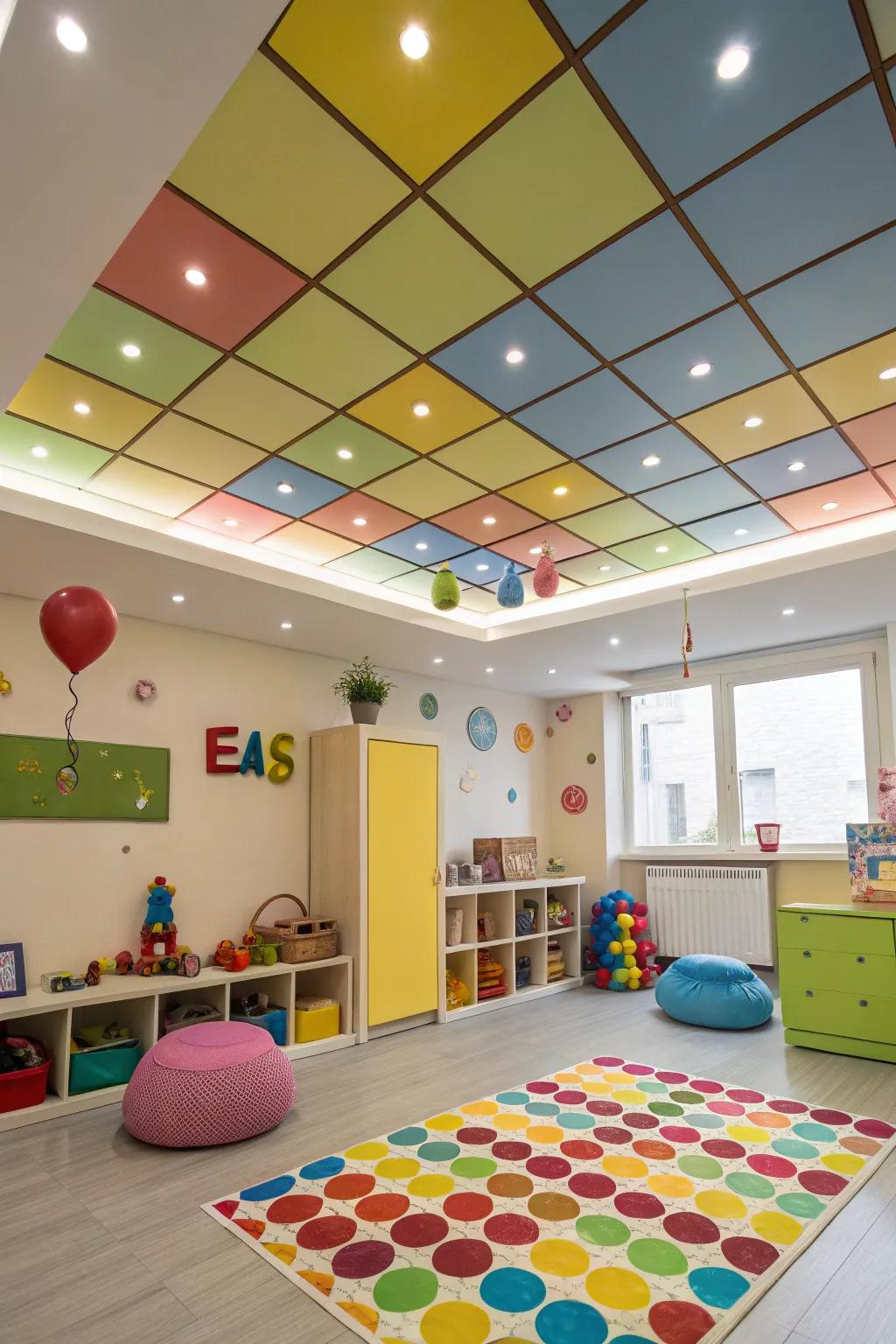 Elevate atmosphere using vibrant ceiling highlights.