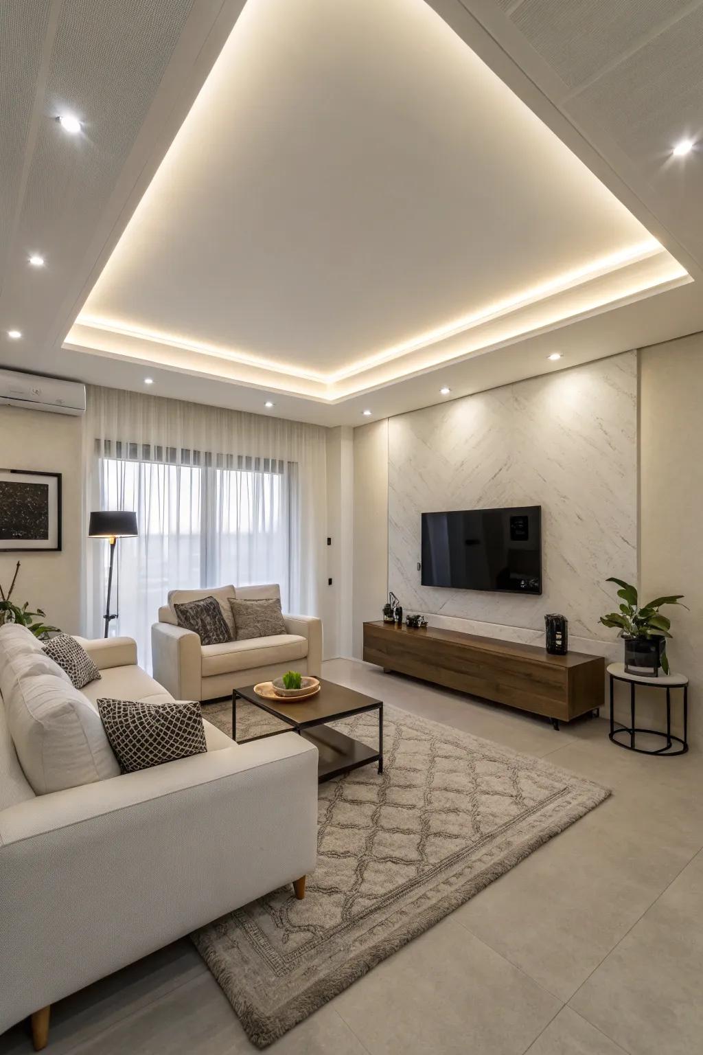 Monochrome lighting highlights the clean lines in this living room.