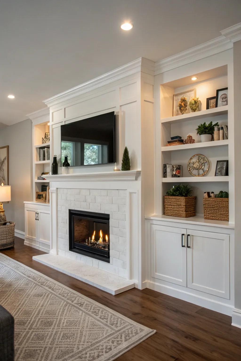 Concealed storage keeps the area around a plasterboard hearth tidy.