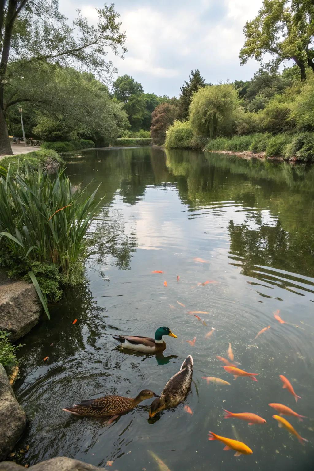 Fish introduce dynamic motion and ecological harmony to duck habitats.