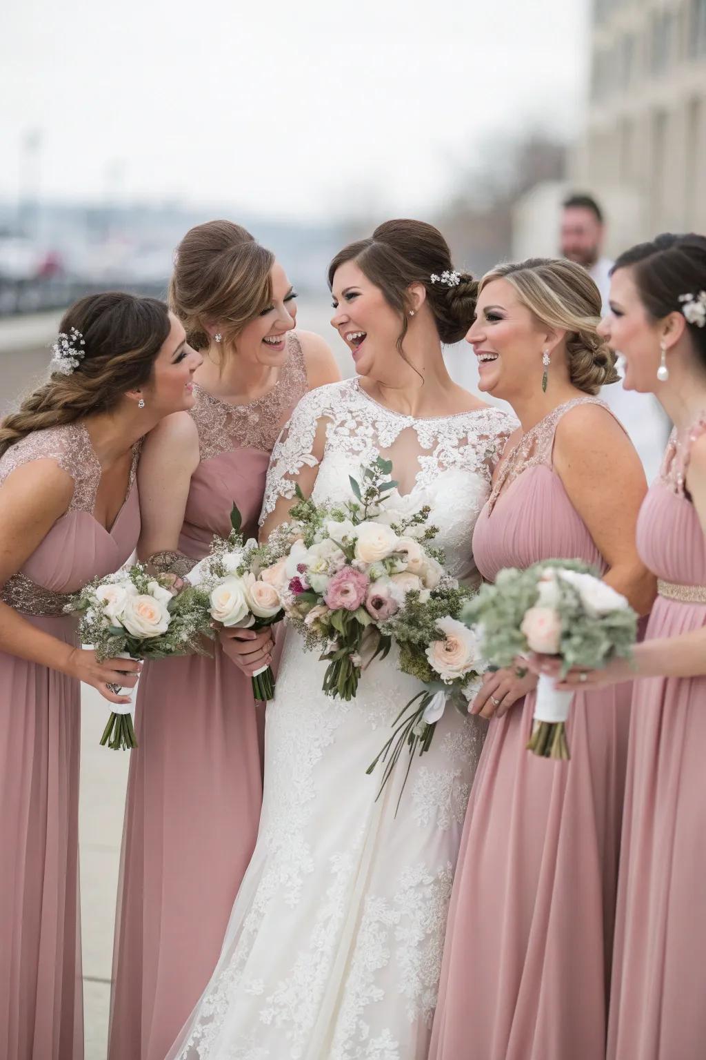 Bridal party in elegant misty rose dress.