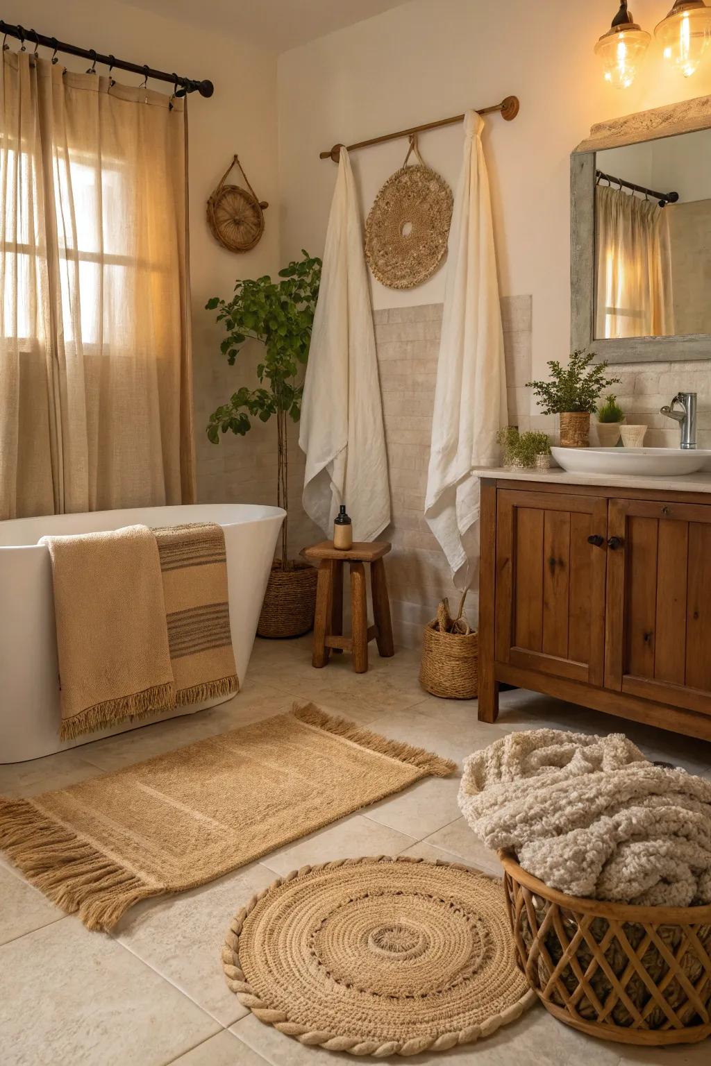 Natural fiber textiles add warmth and texture to the bathroom.