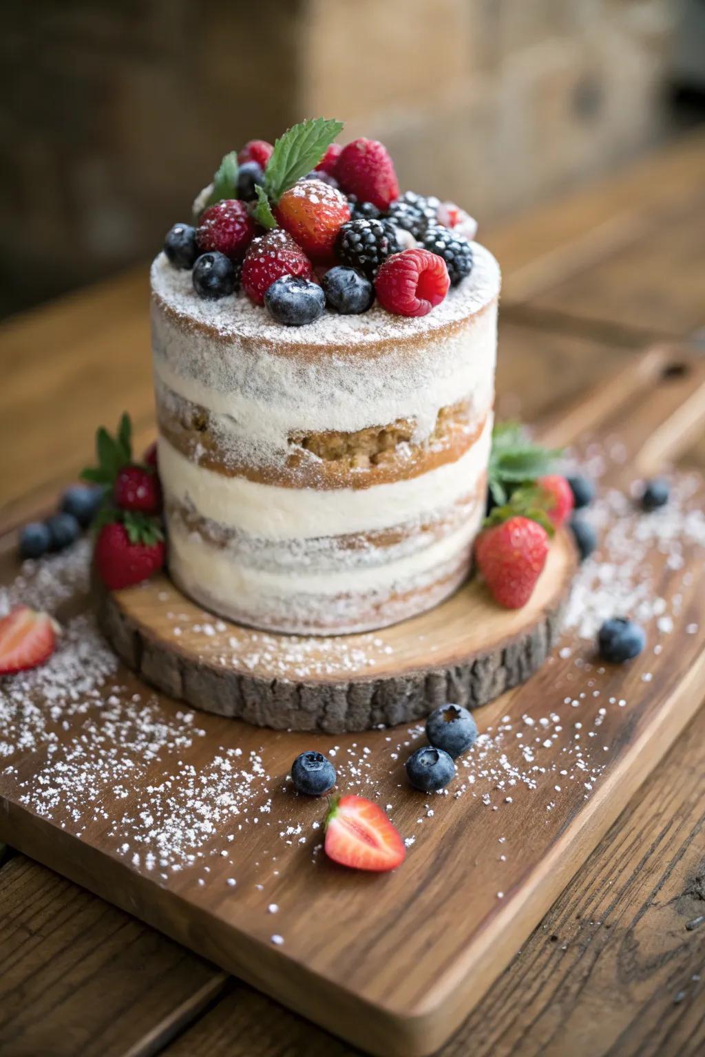 A rustic uncovered cake with fresh fruits for Easter.