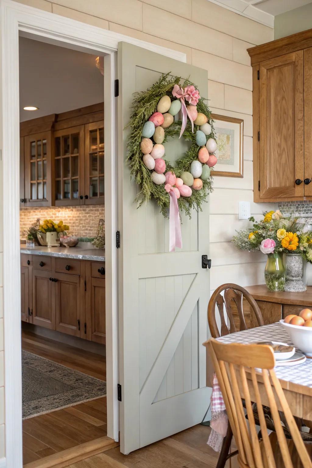 An Easter ring contributes charm and festivity to the pantry door.