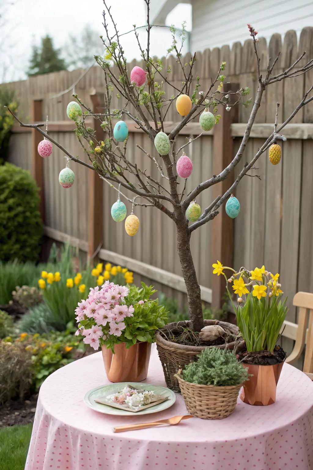 Mini Easter trees serve as a distinctive porch centerpiece.