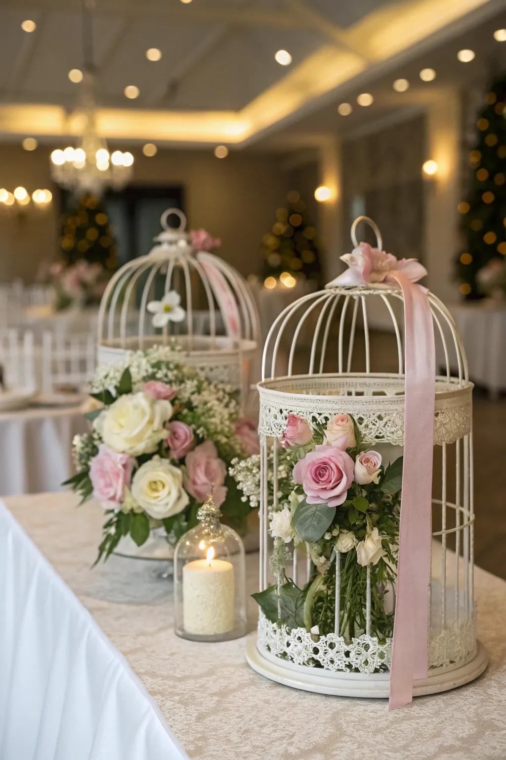 Wedding focal points presenting ornamental caged birds filled with flowers.