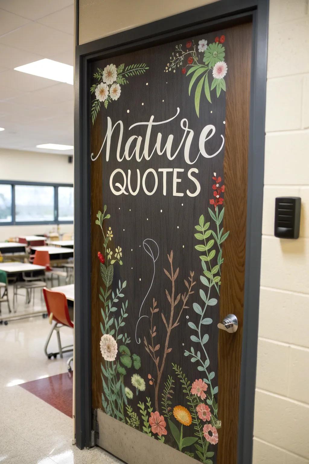 Nature's prose graces this classroom door, offering inspiration and reflection.