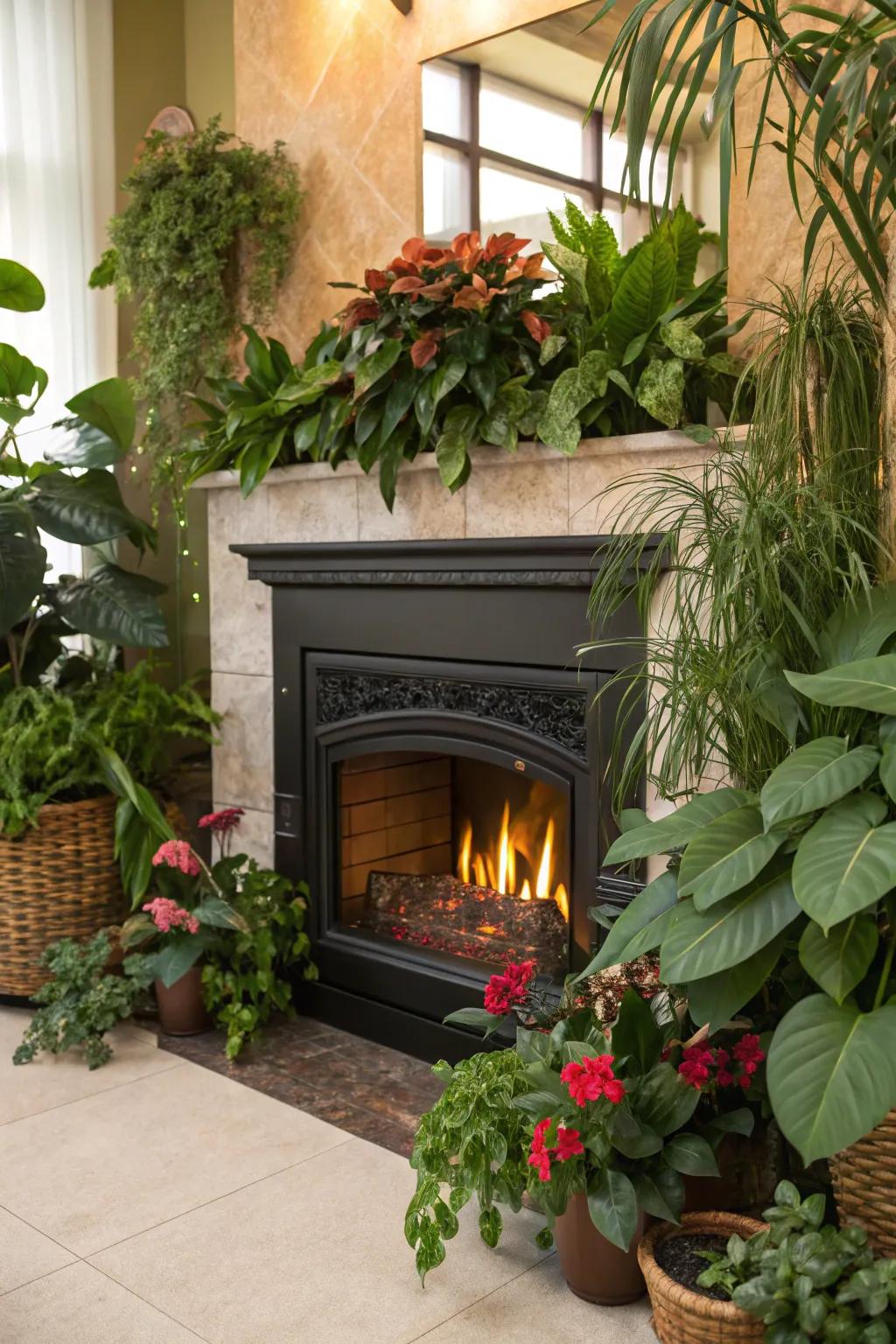 An electric fireplace enclosed by lush greenery and indoor plants.