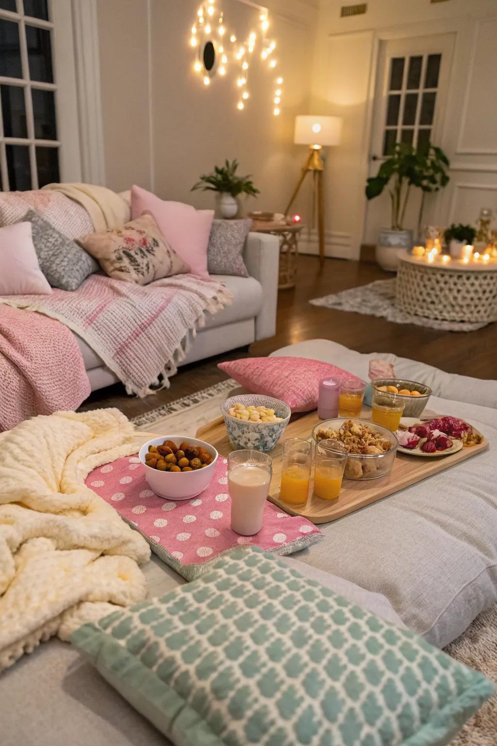 Cozy slumber party setup with elegant touches.