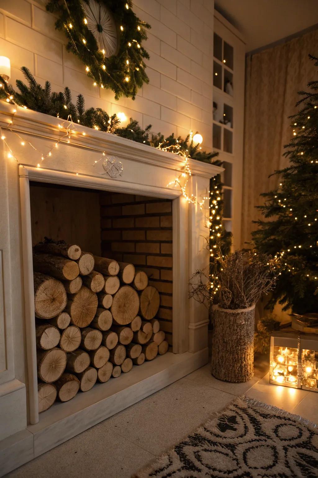 Decorative logs and lights make the fireplace inviting.