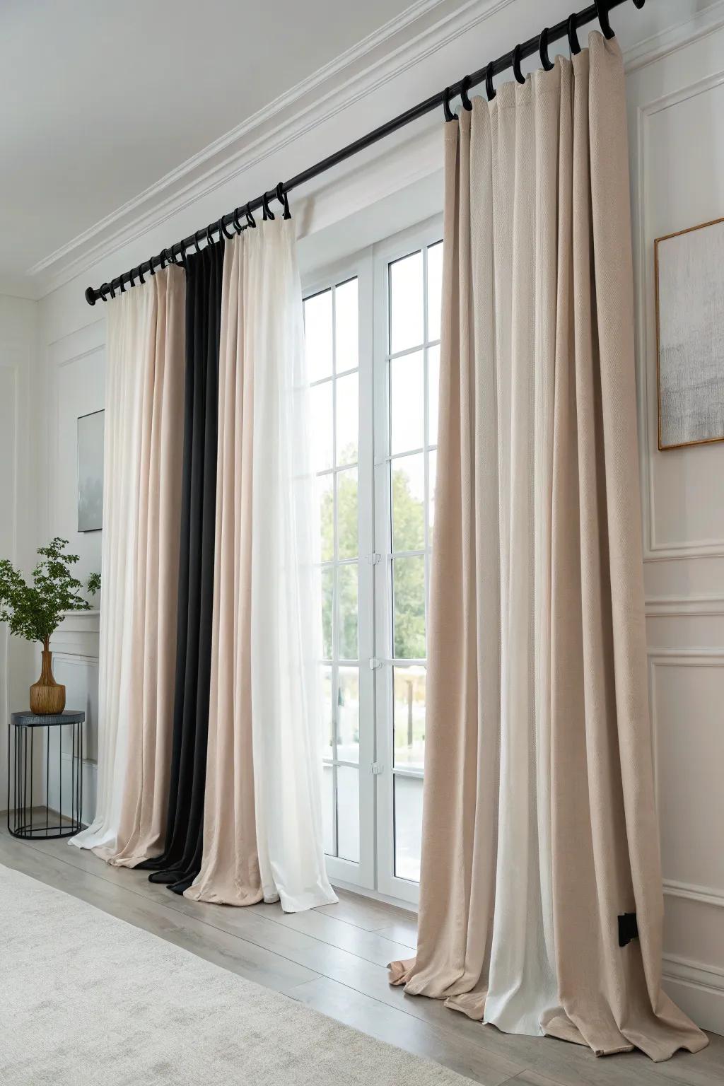 Contrasting accoutrements append a modern sensibility to refined curtains.
