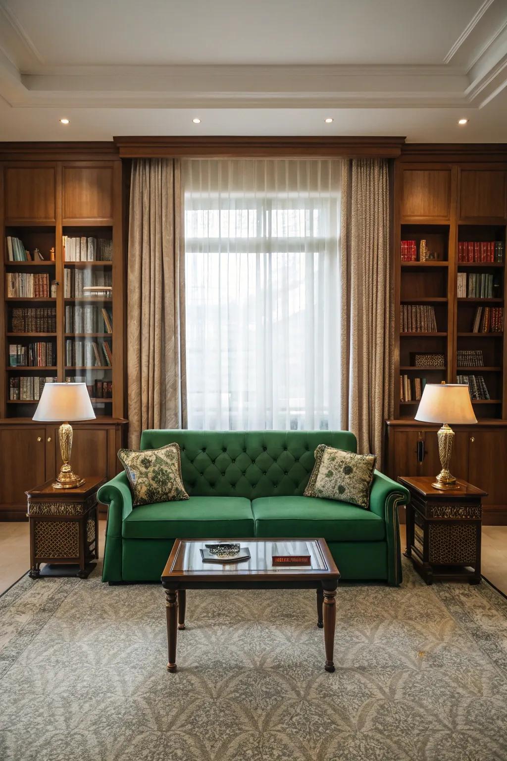 Arranging decor in a symmetrical fashion around the emerald sofa generates balance.