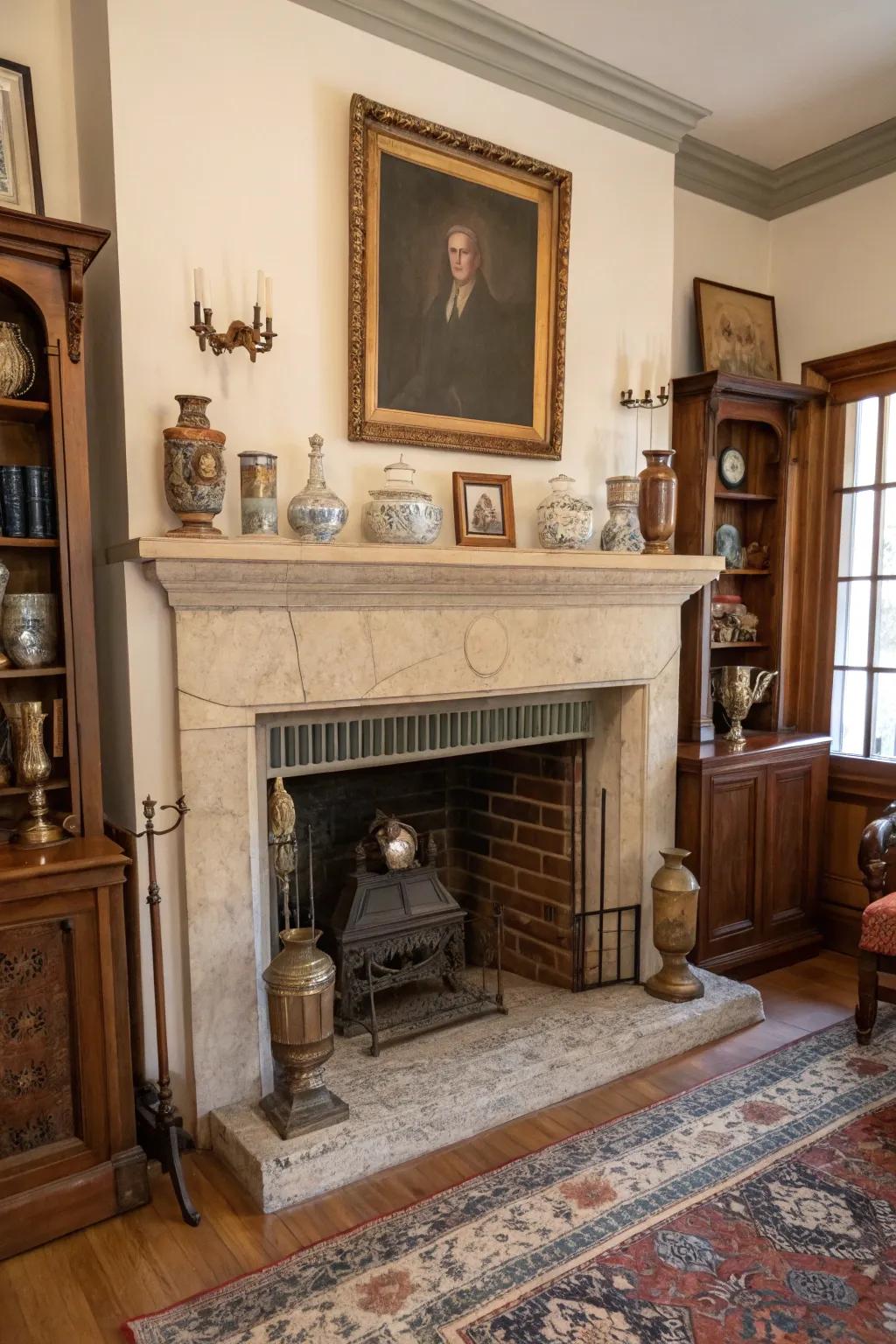 Incorporate vintage charm through antiques featured in your fireplace.