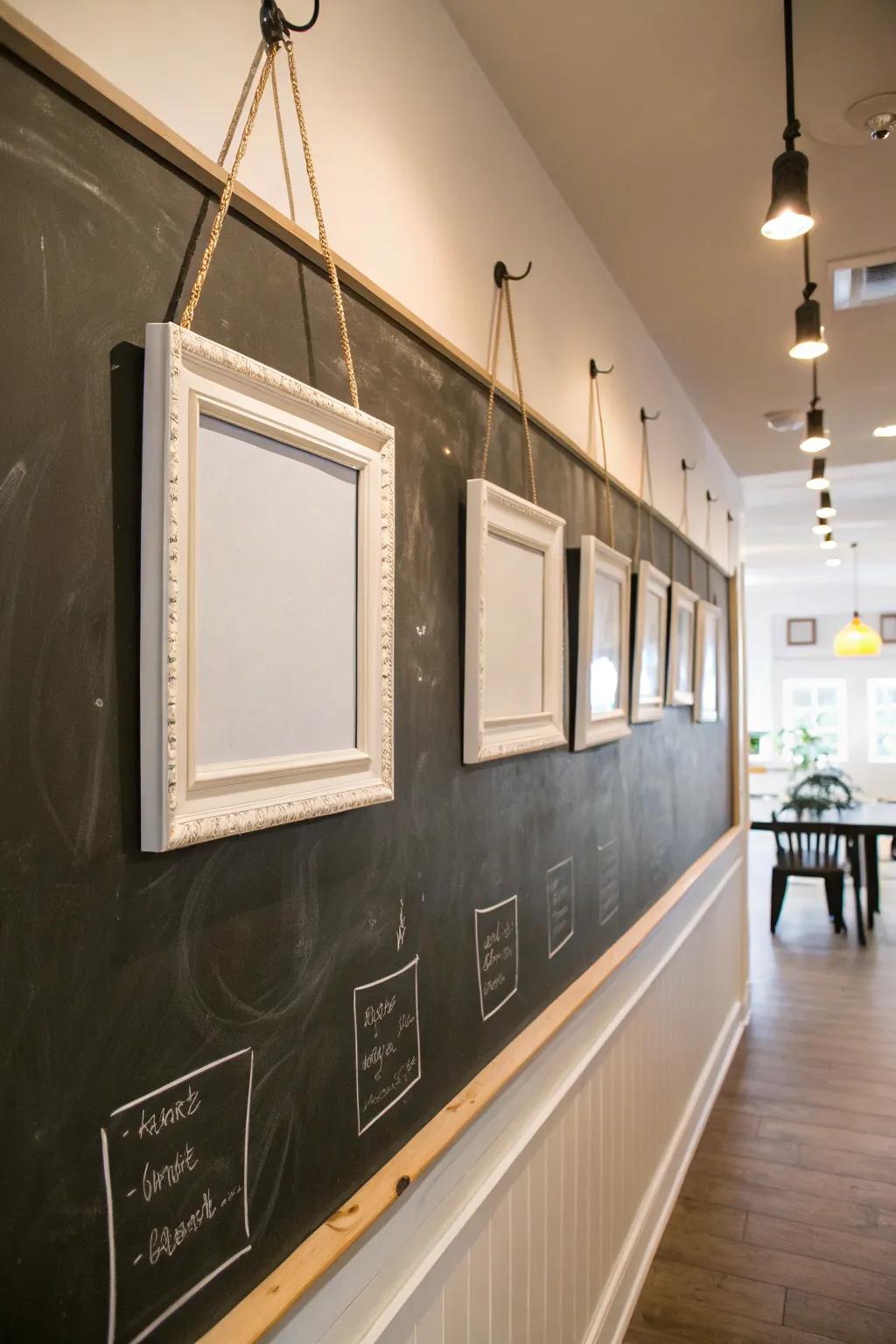 Chalkboard wall with frames for a creative touch.