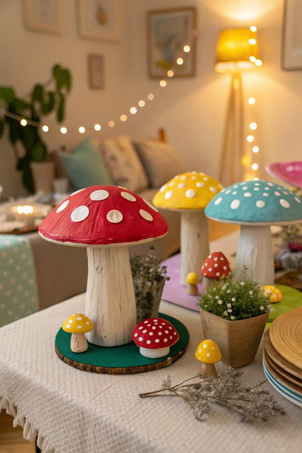 Fanciful mushroom decor infuses a playful aspect to the enchanted theme.