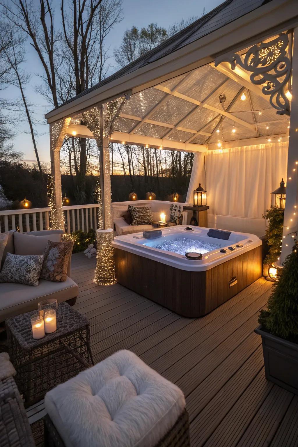 A luxurious hot tub on an enclosed deck.