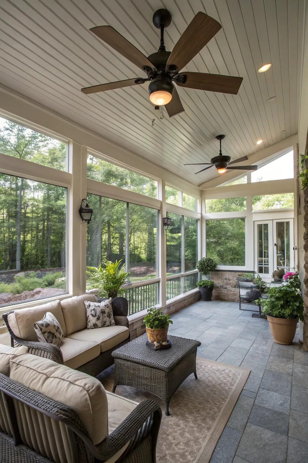 A well-ventilated patio with rotating air movers for a breezy atmosphere.