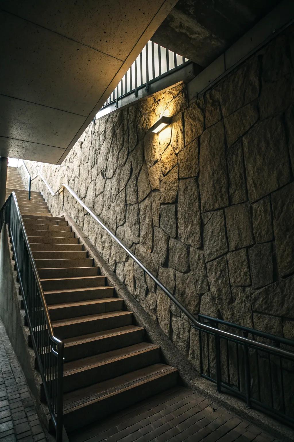 The tactile quality of stairwells is enhanced through the use of various textures.