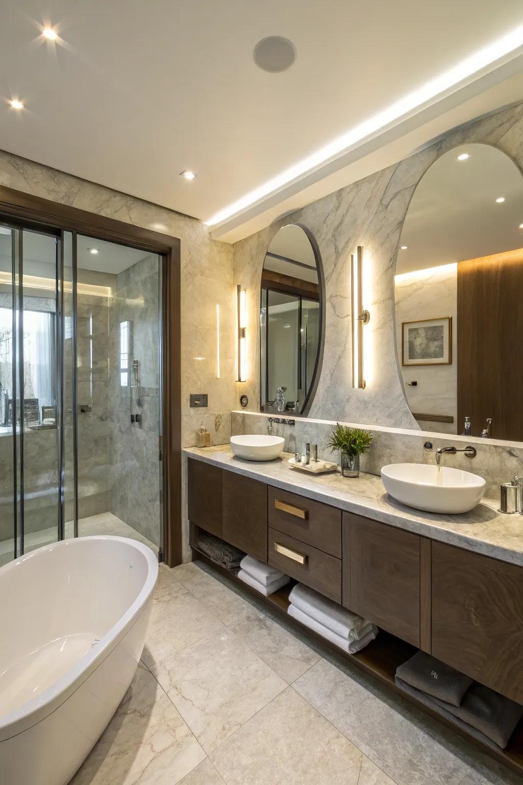 The incorporation of curved fixtures elevates the flow and sophistication of the area.