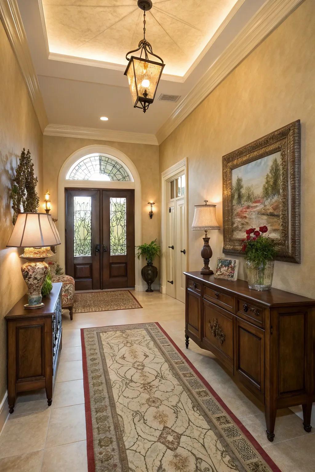 Color schemes can shape the atmosphere and amplify the charm of an entryway.